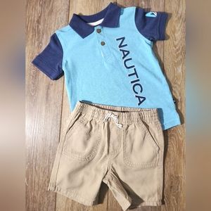 🇺🇲Nautica toddler boy's 2-piece set, blue polo and khaki shorts Size 24 months